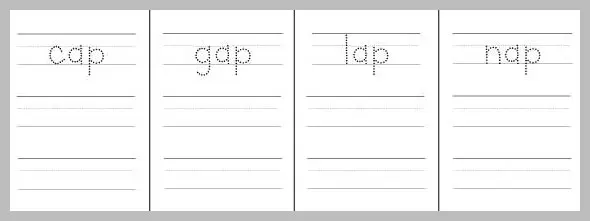 Worksheet with four columns, each showing a dotted word ending in '-ap' (cap, gap, lap, nap) above lines for tracing practice.