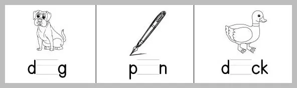 A worksheet divided into three panels, each featuring a line drawing of an object and a partially completed word for children to fill in.