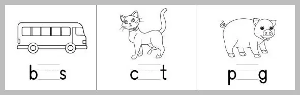 A worksheet divided into three panels, each featuring a line drawing of an object and a partially completed word for children to fill in.