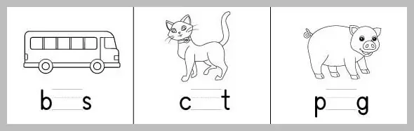 A worksheet divided into three panels, each featuring a line drawing of an object and a partially completed word for children to fill in.