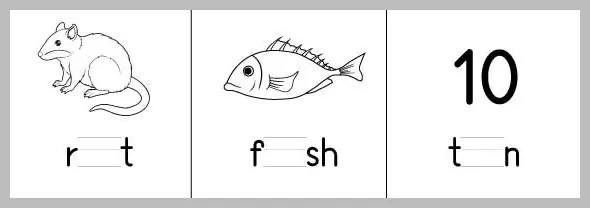 A worksheet divided into three panels, each displaying a line drawing of an animal or number, followed by a partially completed word or number name for children to fill in.