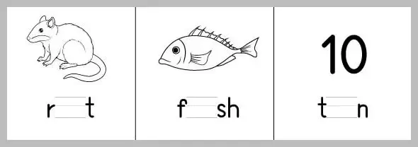 A worksheet divided into three panels, each displaying a line drawing of an animal or number, followed by a partially completed word or number name for children to fill in.