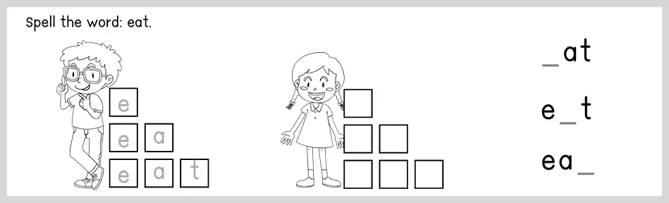 A worksheet with two children and letter blocks, designed to help spell the word 'eat'.
