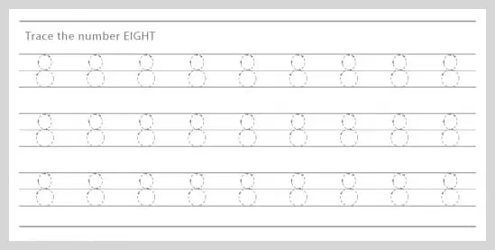 Worksheet with multiple rows of dashed numbers '8' for tracing practice.
