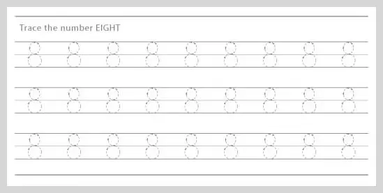 Worksheet with multiple rows of dashed numbers '8' for tracing practice.