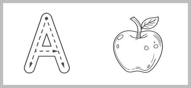 A black and white worksheet showing the uppercase letter A for tracing and an apple for coloring.
