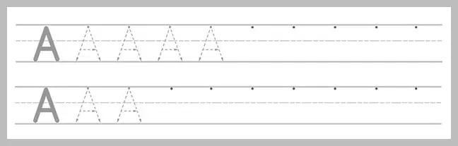 Uppercase letter A tracing worksheet for kids with dotted lines and handwriting practice