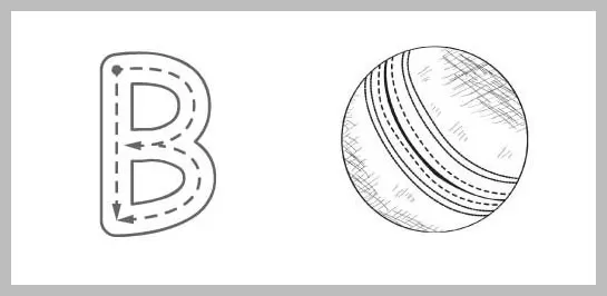 Outline of the letter B with dotted lines and arrows for tracing, next to a sketch of a cricket ball.