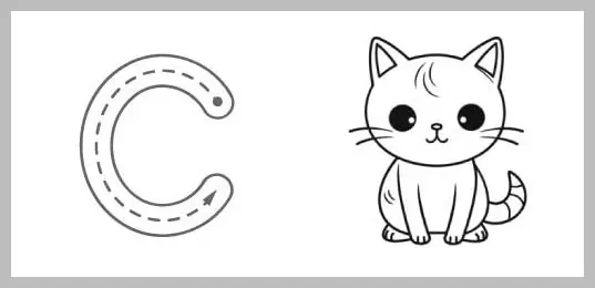 A worksheet for tracing the uppercase letter C, featuring dotted lines and an illustration of a cute cartoon cat.