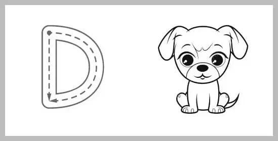 A black and white illustration of the uppercase letter D with dotted lines and directional arrows for tracing practice, placed next to a cute cartoon puppy sitting down.