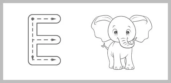 A black and white tracing worksheet featuring a large uppercase letter E with dotted lines and directional arrows for tracing, next to a cute cartoon elephant.