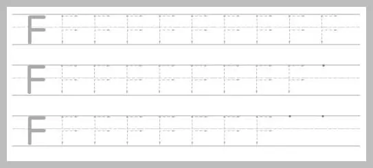 A white worksheet with three rows of uppercase letter F's for tracing practice. Each row starts with a solid grey 'F' followed by several dotted 'F's with directional arrows.