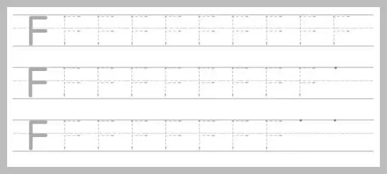 A white worksheet with three rows of uppercase letter F's for tracing practice. Each row starts with a solid grey 'F' followed by several dotted 'F's with directional arrows.