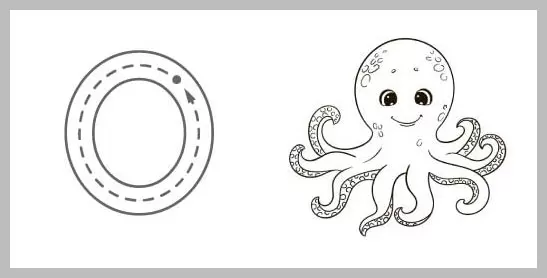 A black and white tracing worksheet featuring a large uppercase letter O with directional arrows for tracing, next to a smiling cartoon octopus.