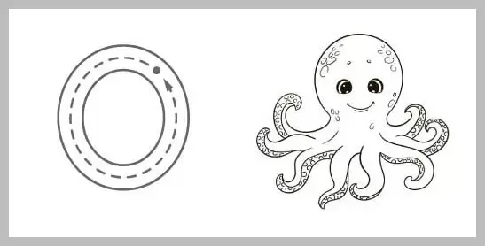 A black and white tracing worksheet featuring a large uppercase letter O with directional arrows for tracing, next to a smiling cartoon octopus.