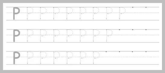A handwriting practice page displaying three horizontal rows for tracing the capital letter P. Each row starts with a solid letter, followed by several dotted letters for tracing and guide d