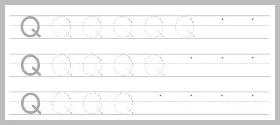 A handwriting practice sheet segment showing three horizontal rows of the capital letter Q on lined paper with dotted lines for tracing and individual starting points for independent writing