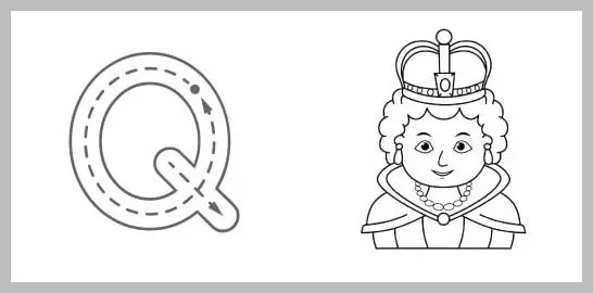 A black and white educational graphic showing a large uppercase letter Q with internal dashed lines and directional arrows for tracing practice next to a line drawing of a queen wearing a cr