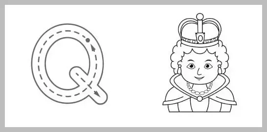 A black and white educational graphic showing a large uppercase letter Q with internal dashed lines and directional arrows for tracing practice next to a line drawing of a queen wearing a cr