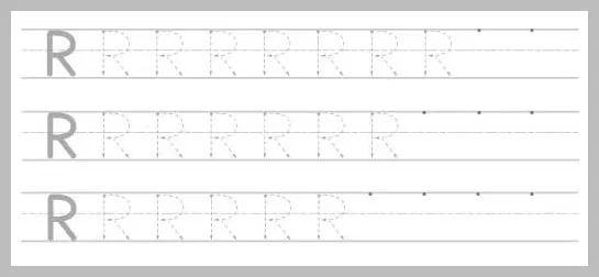 A worksheet with three rows of dotted uppercase R's for tracing practice, with solid R's at the beginning of each row and dots indicating starting points.