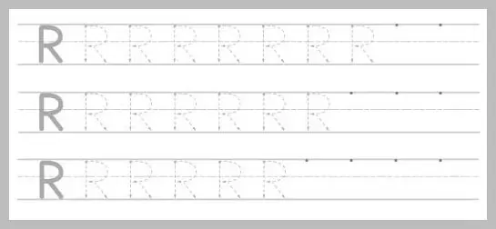 A worksheet with three rows of dotted uppercase R's for tracing practice, with solid R's at the beginning of each row and dots indicating starting points.