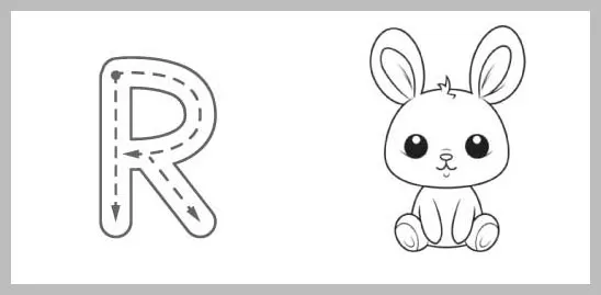 A black and white educational worksheet featuring a large uppercase letter R with tracing arrows, next to a cute cartoon rabbit illustration.