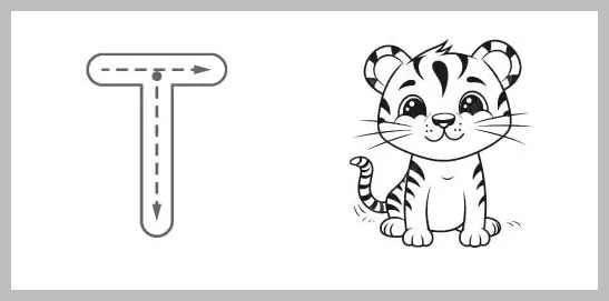 A black and white educational worksheet featuring a large uppercase letter T with tracing arrows, next to a smiling cartoon tiger illustration.