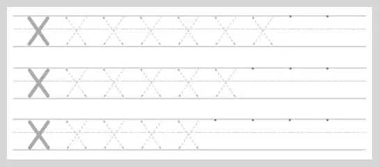 A simple handwriting worksheet with three rows for practicing the uppercase letter X. Each row begins with a solid gray 'X' followed by several dotted 'X's for tracing, with small dots indic