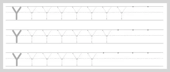 A handwriting worksheet section with three horizontal rows of the uppercase letter Y on lined paper, showing solid guide letters followed by dashed tracing letters and starting dots.