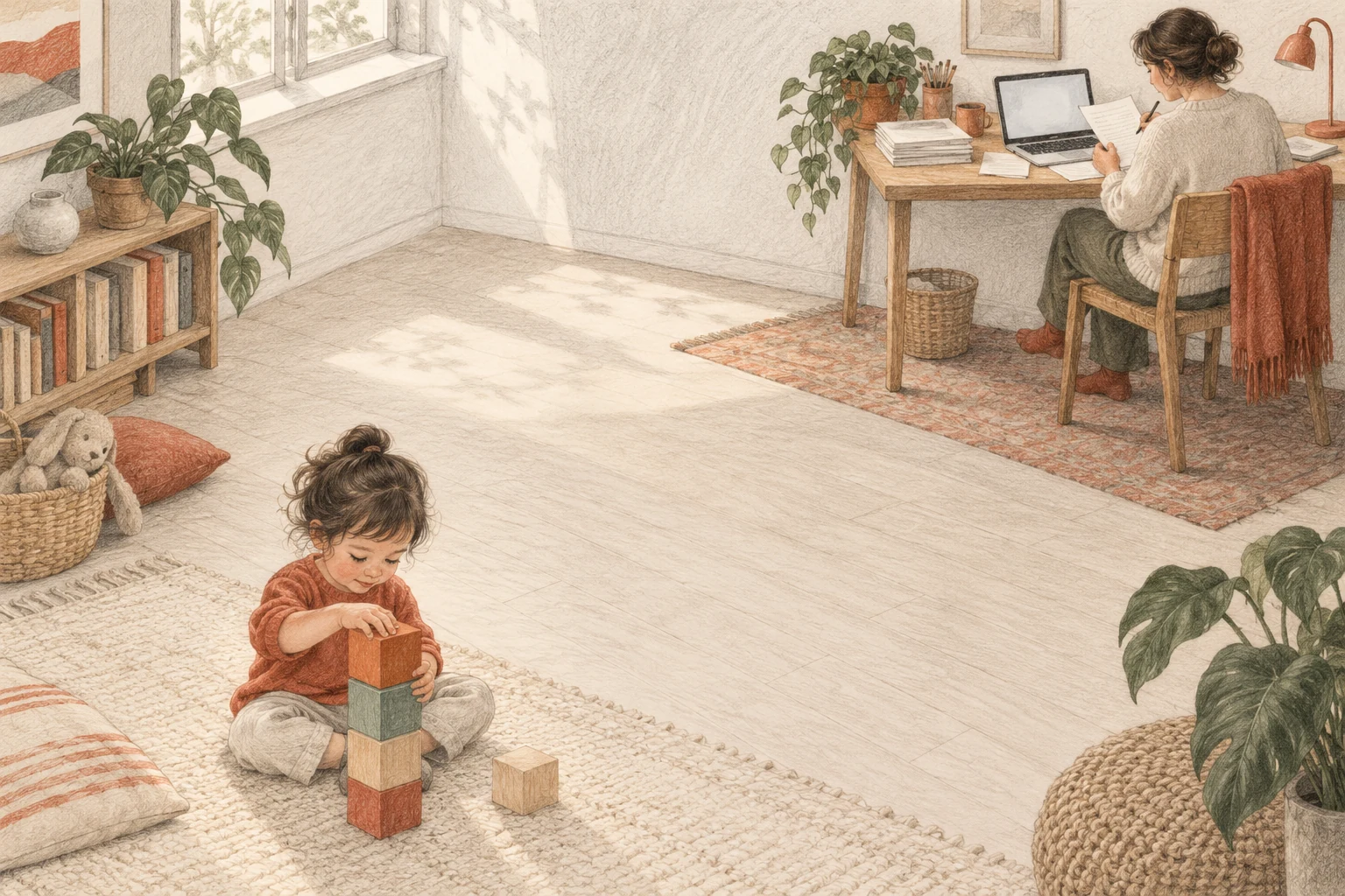 Keep preparation separate from a child’s activity An adult checks paper beside a laptop at the upper-right desk while a child builds a small block tower in the lower-left foreground.