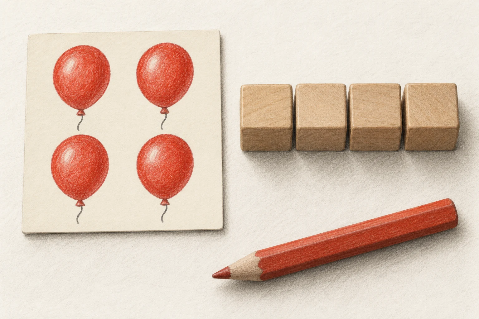 Check a picture collection with real objects A cream card shows four red balloons beside a row of four large wooden blocks and a red pencil.