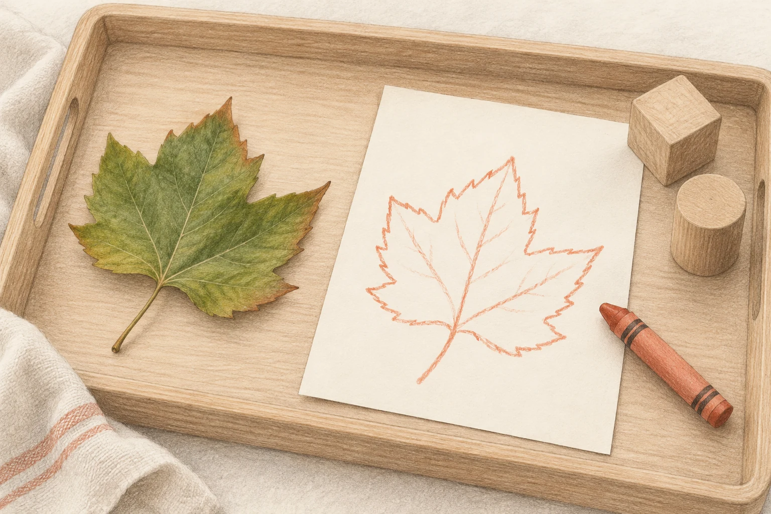 Connect a representation with something observable A large leaf lies on a tray beside its loose red outline drawing, a broad crayon and wooden forms.