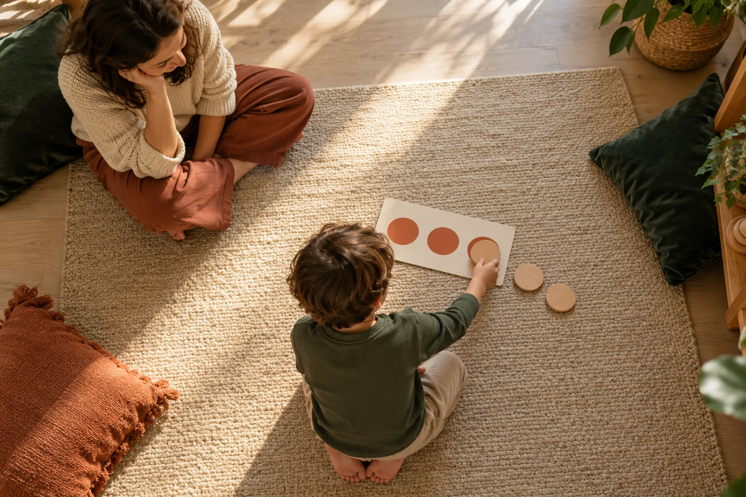 A child kneels at the bottom centre of a sunlit mat, placing a wooden disc on a three-dot card while a parent sits at the upper left.