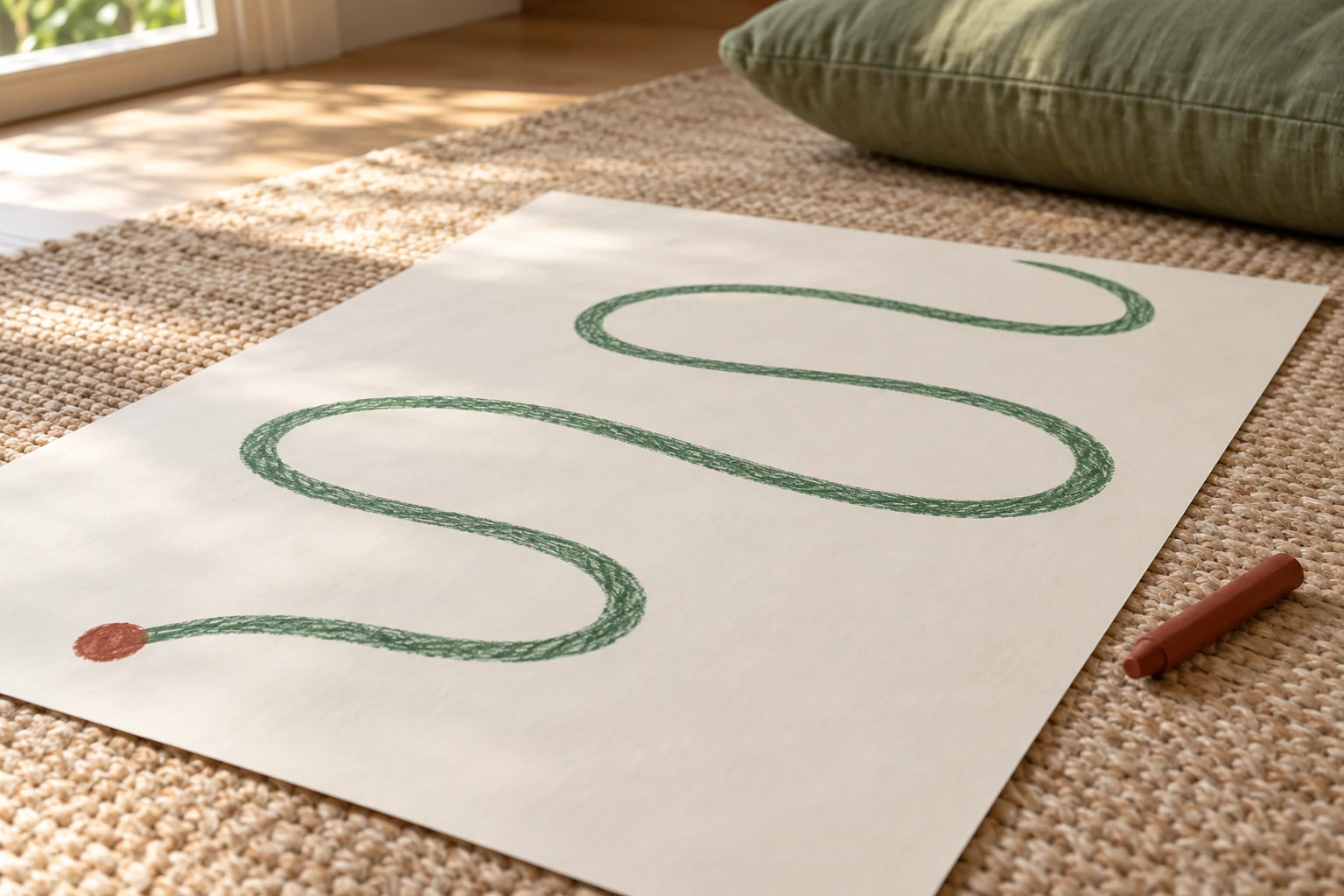 A broad green winding route begins at a rust dot on large cream paper, with a broad crayon beside it.