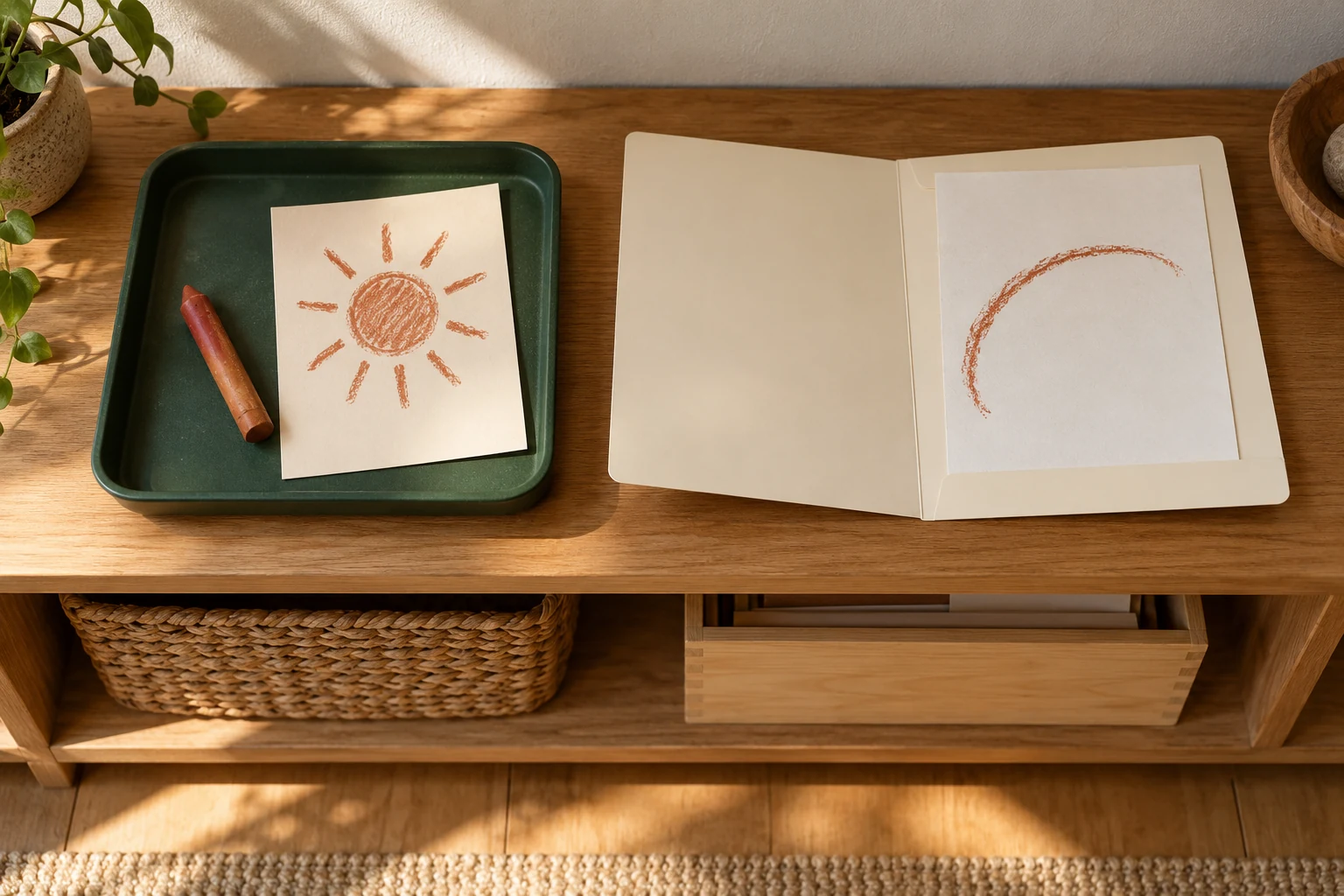 A green tray holds a sun drawing and broad crayon beside an open folder containing an unfinished curved mark.