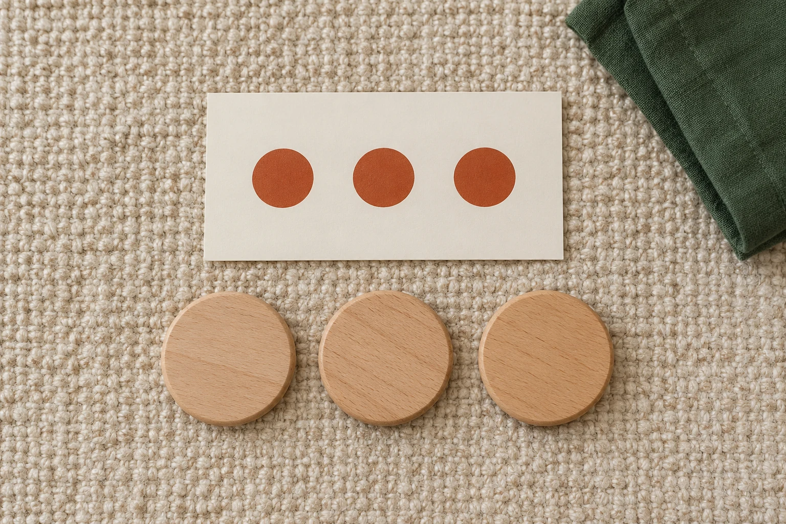 A cream card with three rust dots lies above a separate row of three large wooden discs on an oat-coloured mat.