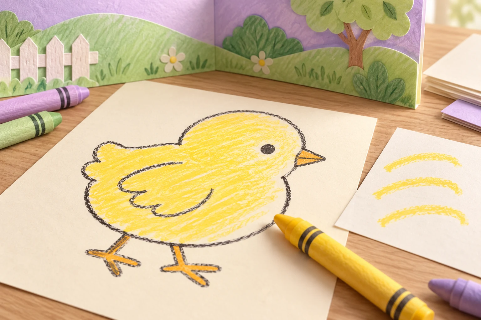 A broad yellow crayon rests beside a chick drawing and a separate scrap with three loose yellow curves.