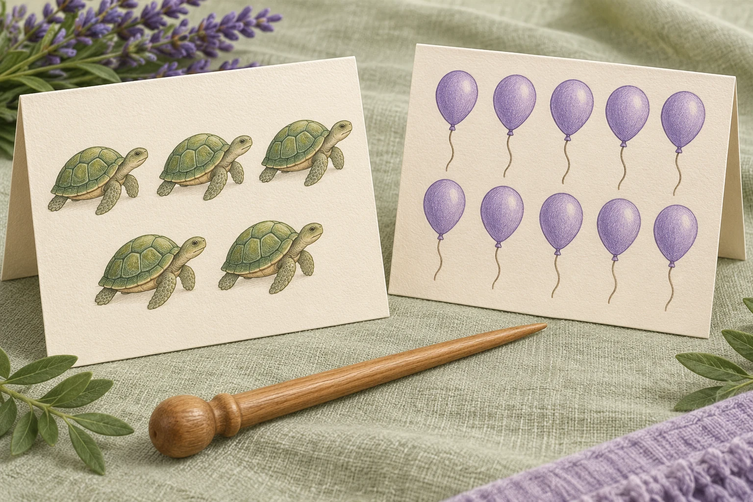 Two cream cards show five turtles in a three-and-two arrangement and ten purple balloons in two rows of five.