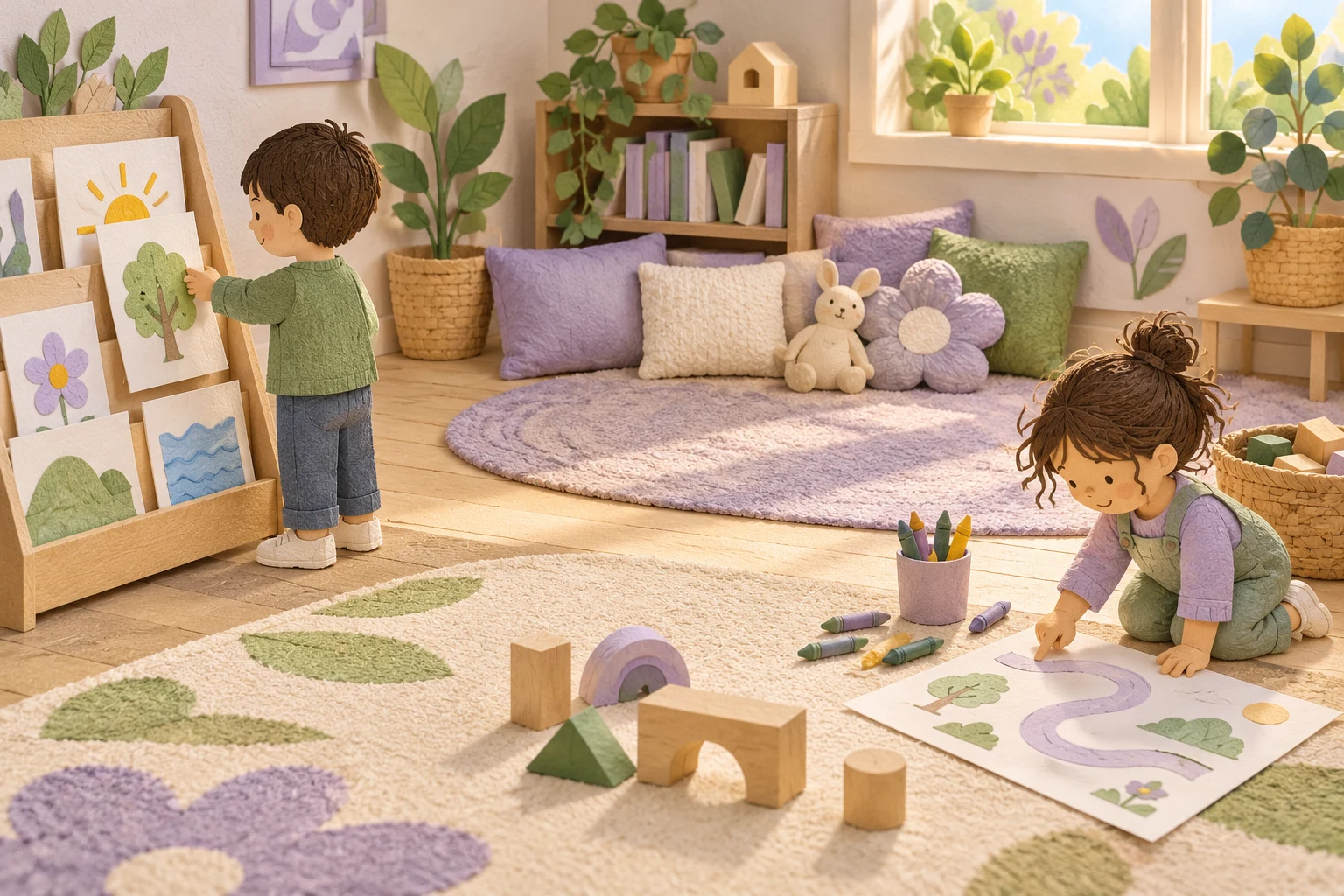 A child at the far left chooses a picture from a low rack while another kneels at the far right following a broad curved path on paper.