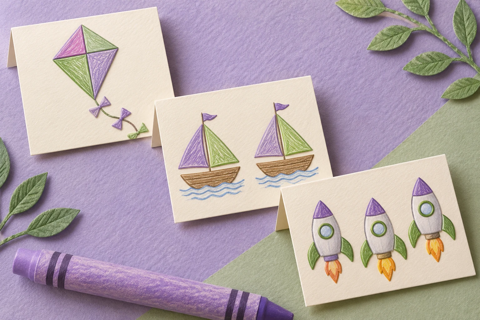 Three cream cards show one kite, two sailboats and three rockets, arranged diagonally beside a purple crayon.