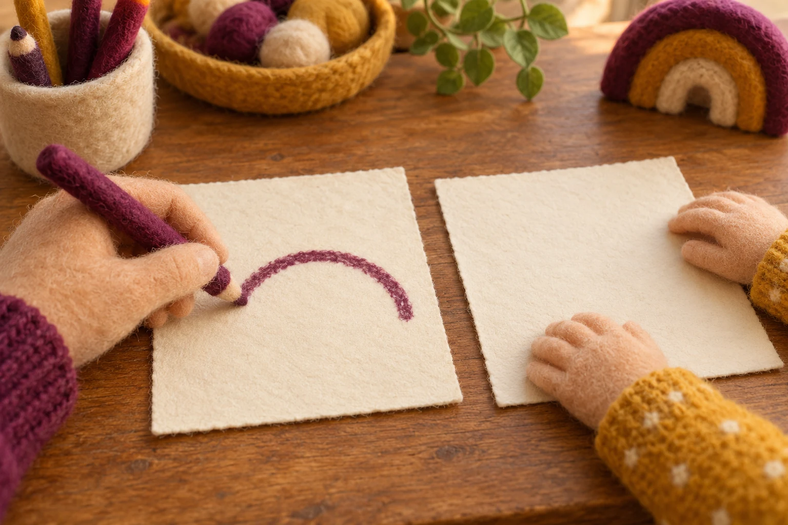 Model on your own paper while leaving room to try Felt-model adult hands draw a plum curve on the left paper while a child’s hands rest near a separate blank paper at right.