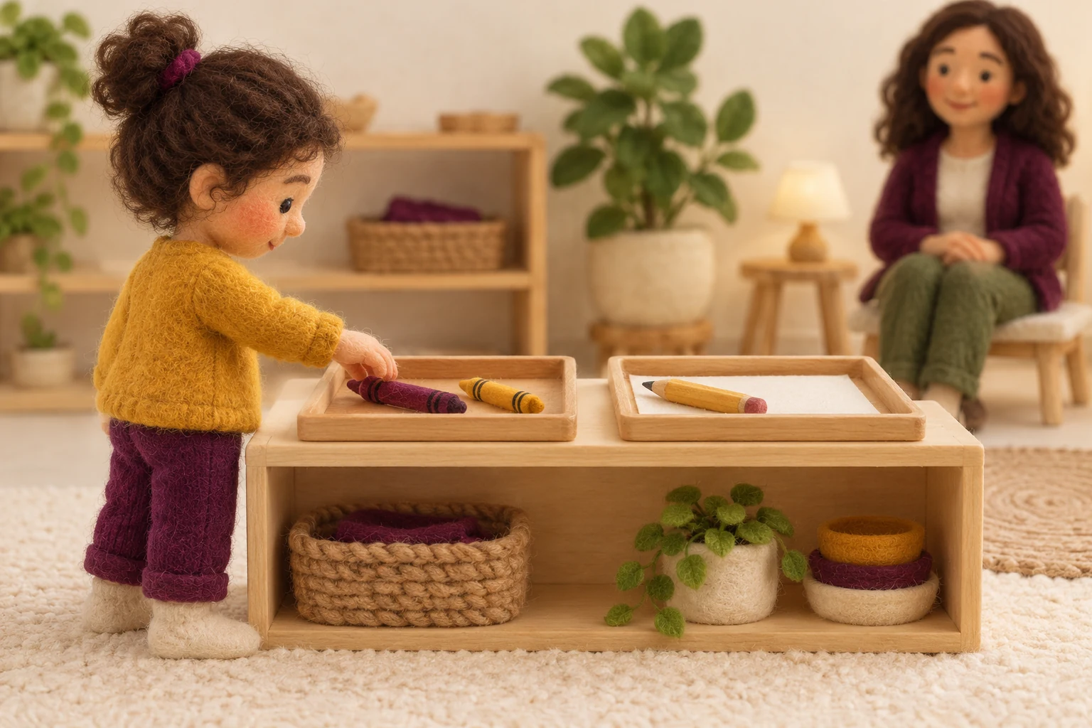 Offer two workable materials and honour the selection A felt-model child at the left reaches towards two crayons while a parent watches from a chair in the right background.
