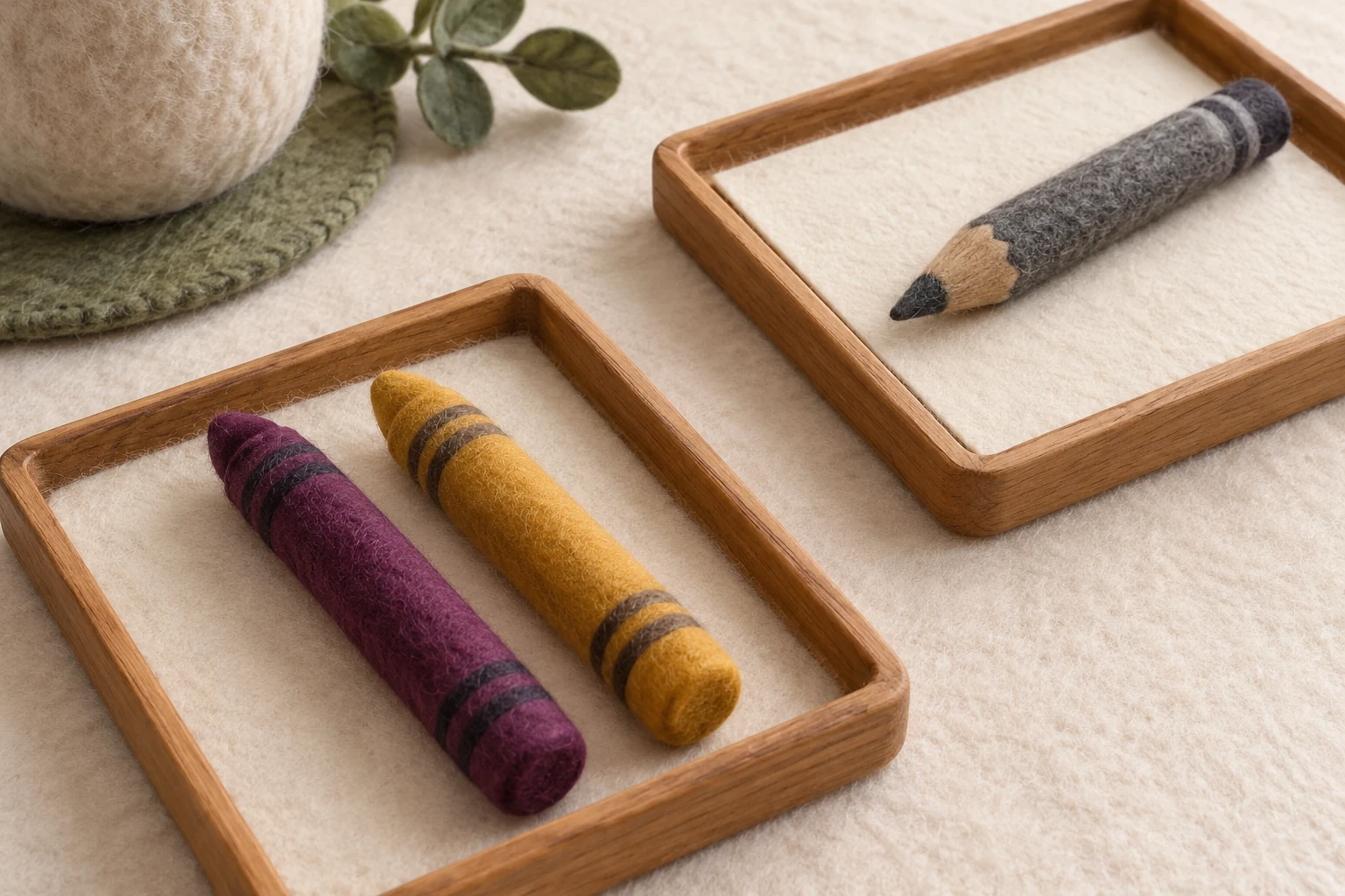 Keep both material options visible Two wooden trays sit diagonally on a felt surface, one containing plum and yellow crayons and the other a pencil on blank paper.