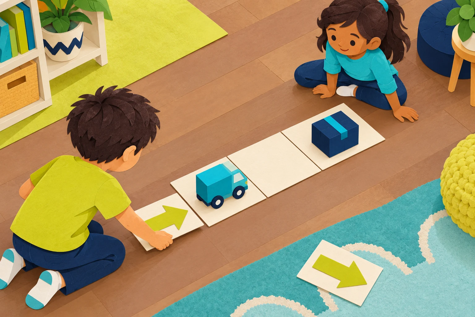 Two children at opposite ends of a diagonal floor route examine arrow cards, a toy truck and a parcel box.