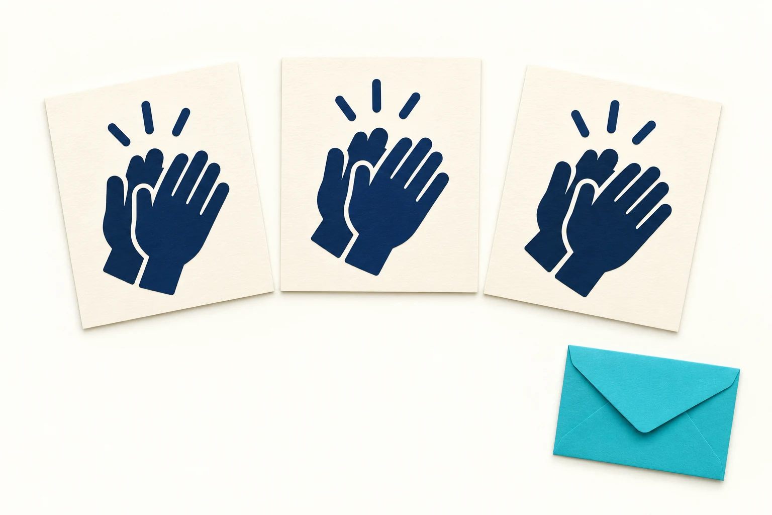 Record one action with each visible card Three separate cards each show the same clapping-hands icon, with a turquoise envelope nearby.