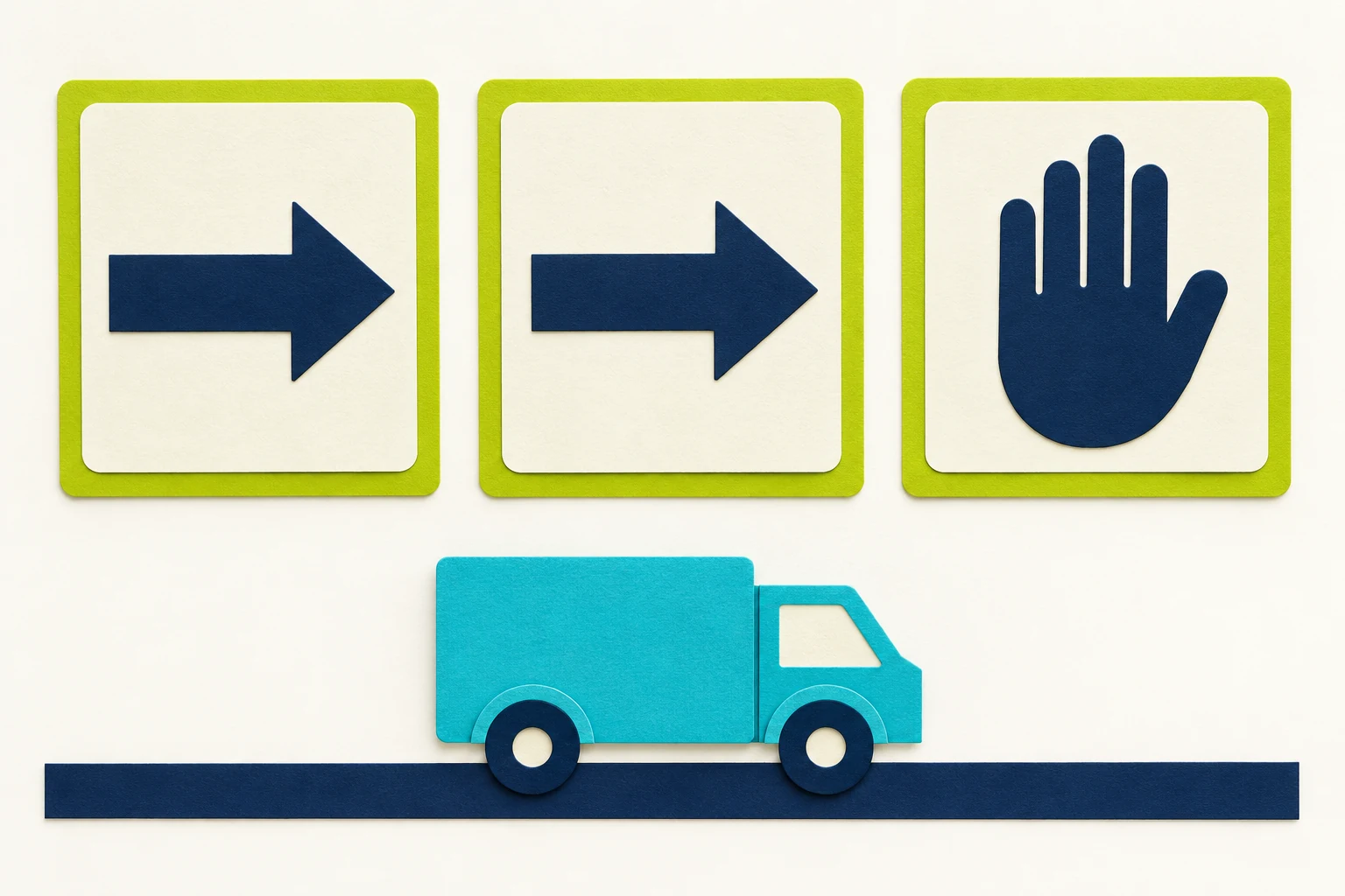 Agree what each command means Three cards show a right arrow, another right arrow and an open palm above a turquoise toy truck.
