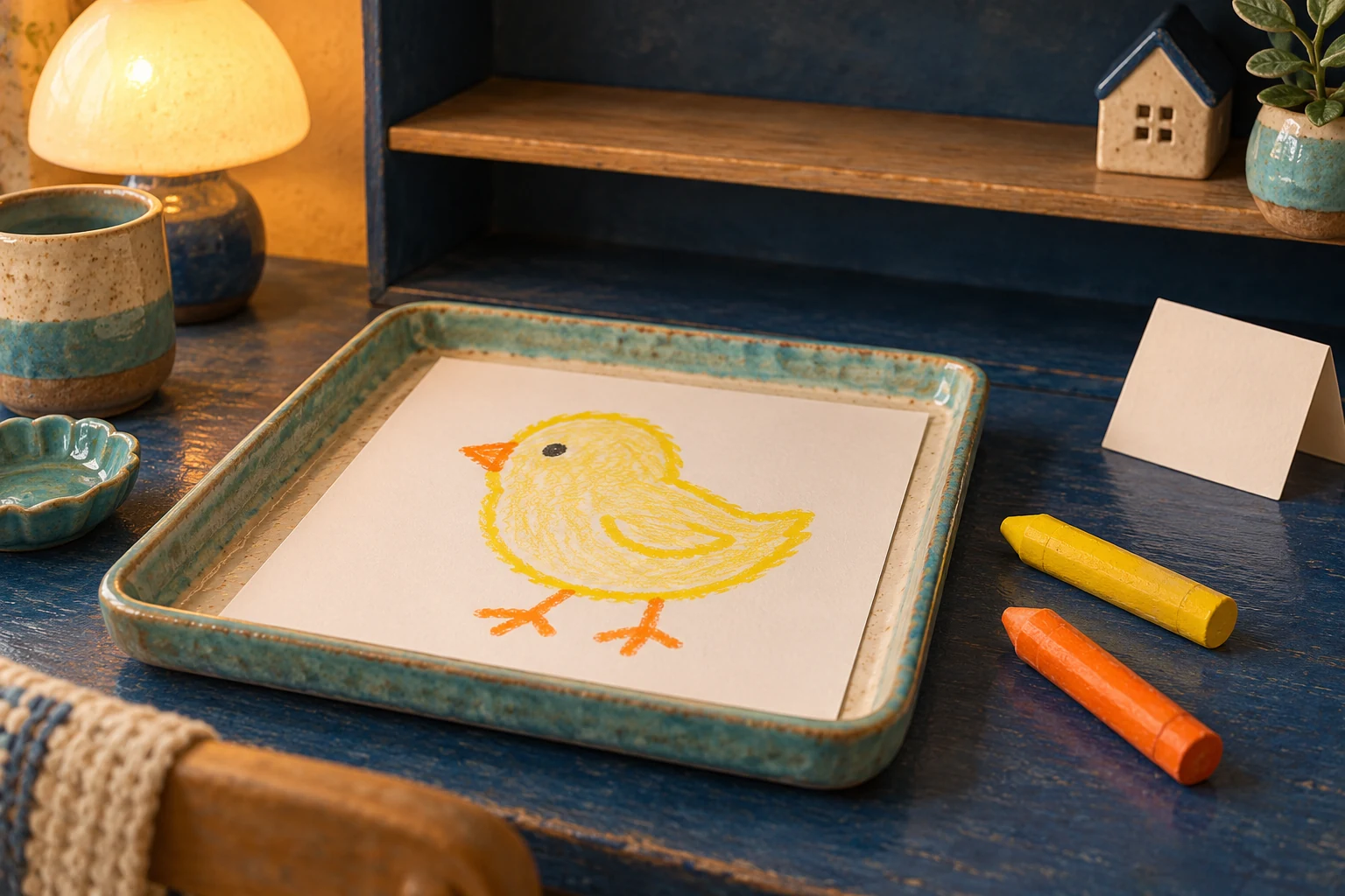 A yellow chick drawing rests on paper in a tray beside yellow and orange crayons and a folded blank note.