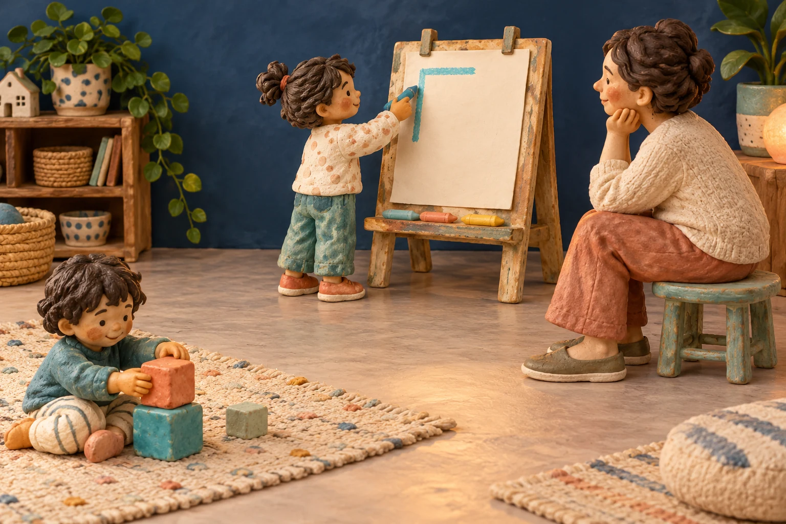 A child stands at an easel near the upper centre while an adult sits at the right and another child builds low blocks at the left.