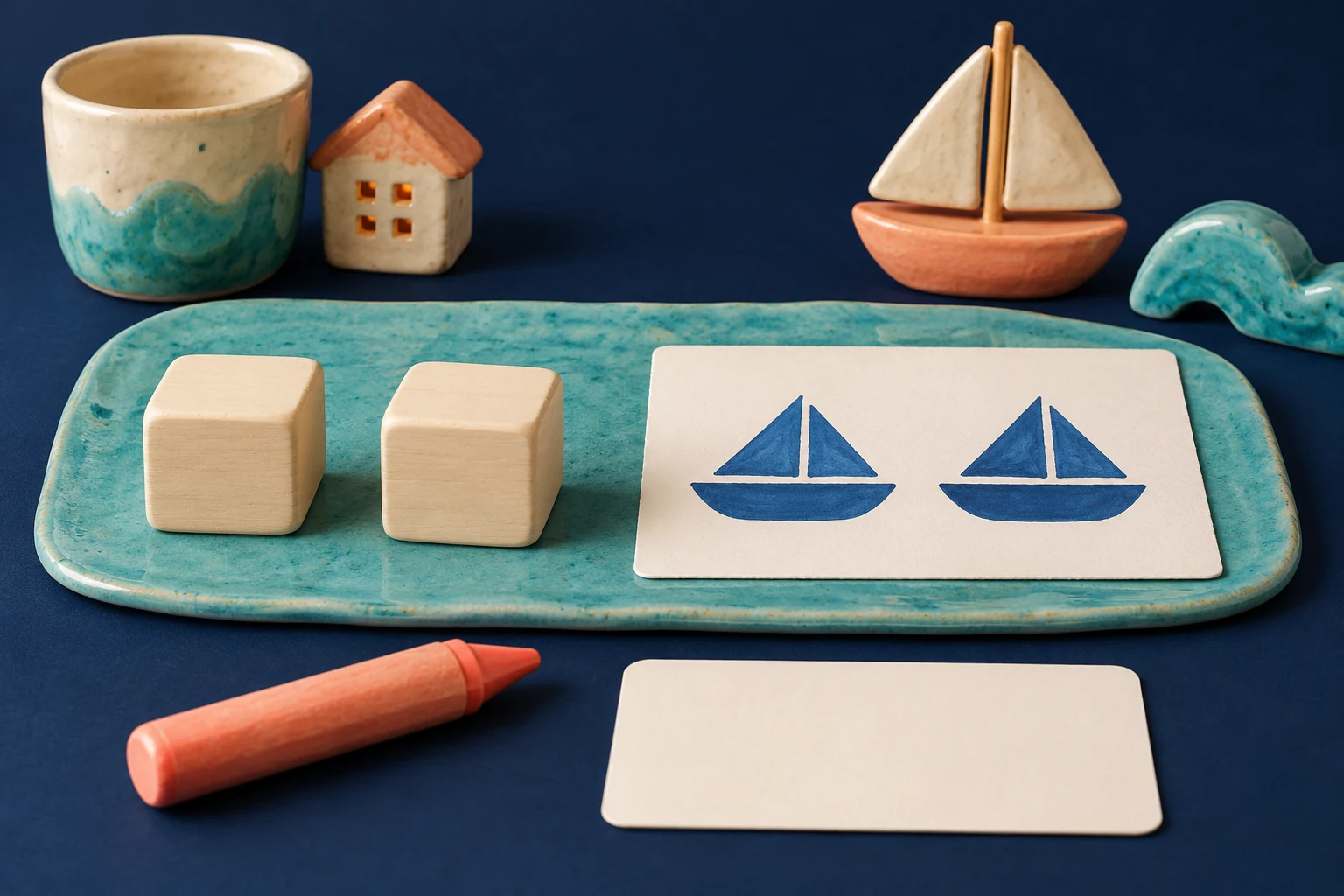 Two cream blocks sit beside a card with two blue boat pictures on a turquoise tray.
