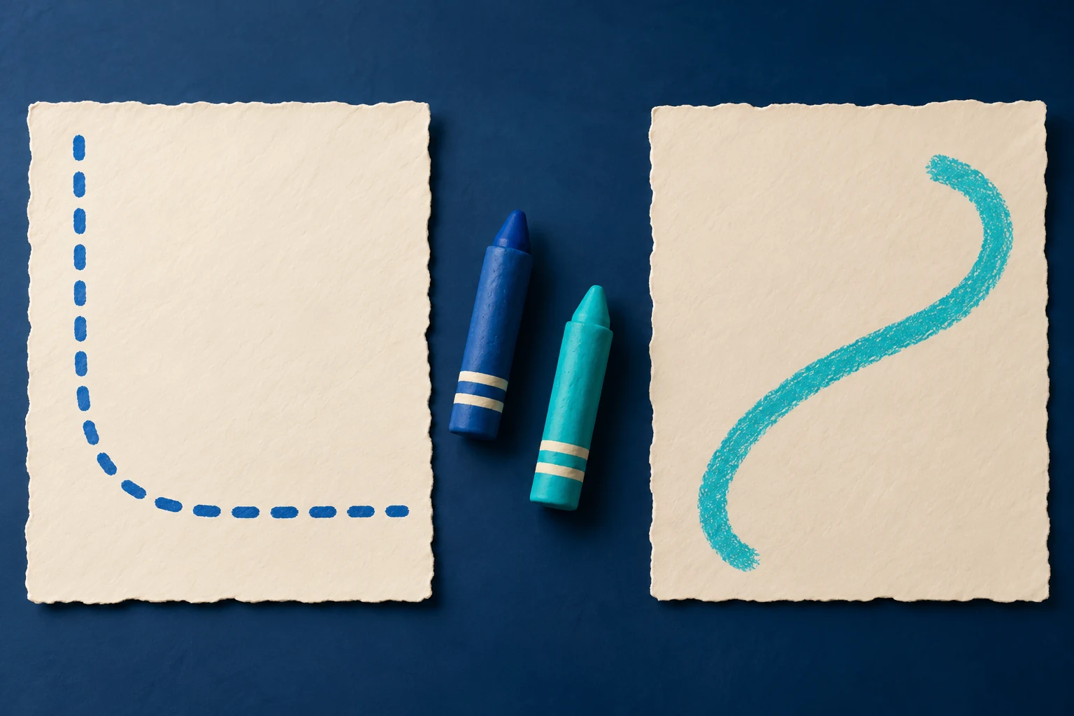 A blue dotted corner route on one paper lies beside a free turquoise curve on another, with two broad crayons between them.